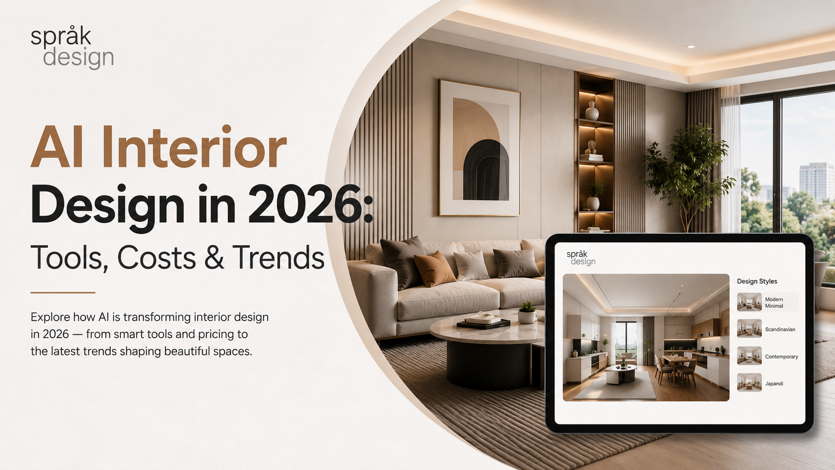 AI interior design in 2026 featuring modern living room design, AI design tools, costs, and trends
